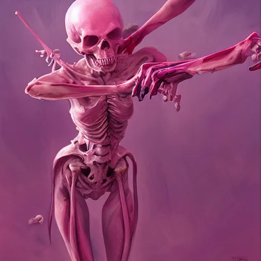 Prompt: Pink Death skeleton, by Stanley Artgerm Lau, WLOP, Rossdraws, James Jean, Andrei Riabovitchev, Marc Simonetti, Yoshitaka Amano, ArtStation, CGSociety