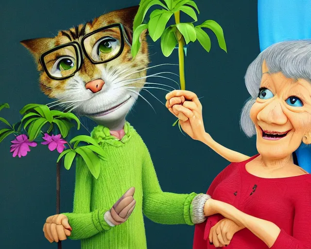 Image similar to detailed cartoon portrait of an old lady and her plant cat, pixar, sharp high quality