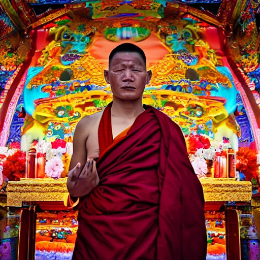 Prompt: portrait of a tibetan monk with facial cybernetic enhancements praying to a futuristic screen altar inside a tibetan temple, photography