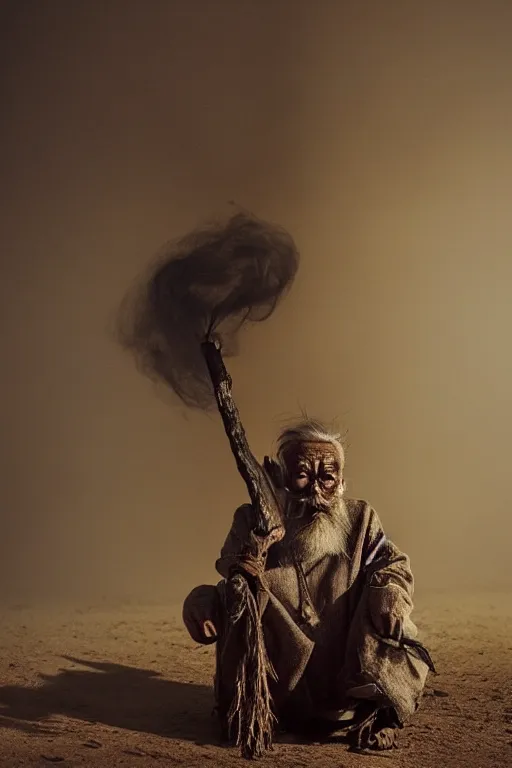 Image similar to full body shot of hanging old asian man with long beard, his head covered in roots, full face occult silver mask, bright multiple glowing eyes, holding a large carved wooden dark fractal stick, hanging upside down, thick smoke around him, in the burning soil desert, cinematic shot, wide angle, dark desert background, volumetric lighting by Denis Villeneuve, Lubezki, Gaspar Noe, Christopher Doyle and Alejandro Jodorowsky, anamorphic lens, anamorphic lens flares, kodakchrome, cinematic composition, practical effects, award winning photo, 8k