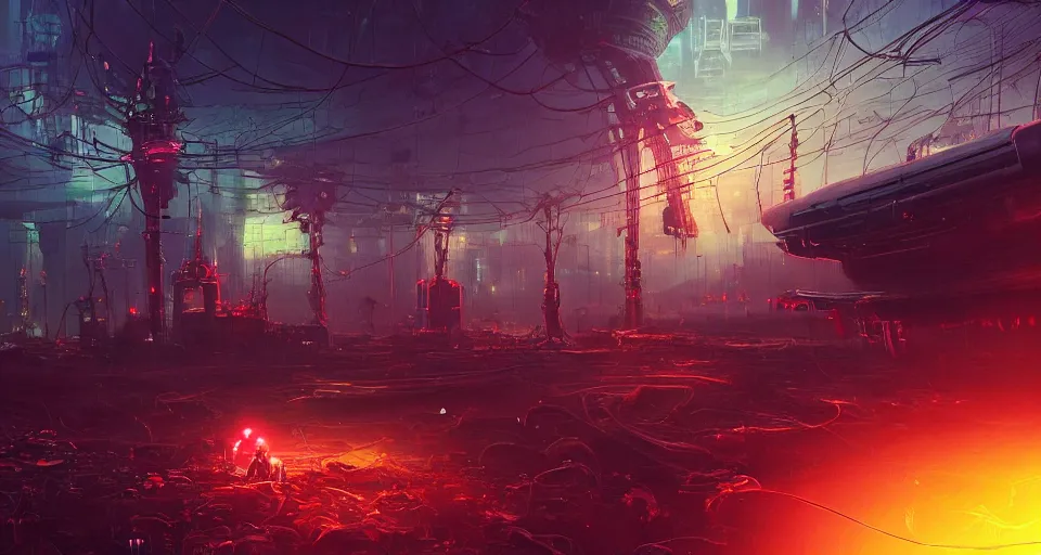 Image similar to beautiful low angle painting of ab alien world with unknown structures and technolog, steampunk, wires everywhere, junk on the ground, neon lights, red neon highlights, a tiny girl watching on, moody atmosphere, epic composition, dramatic lighting, trending on artstation, octane render, by robert zemeckis