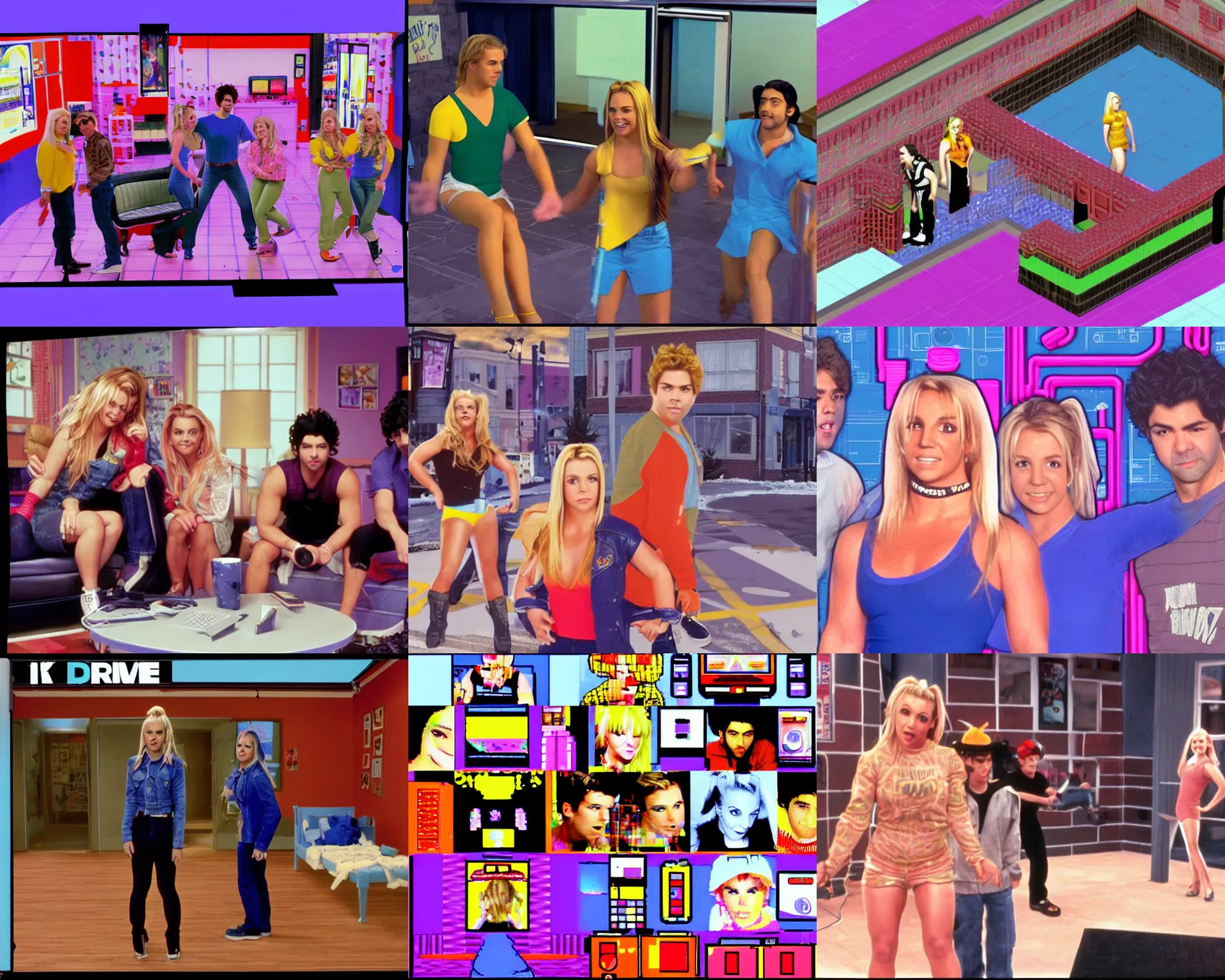 Prompt: (You Drive Me) Crazy Official Music Video, Britney Spears Melissa Joan Hart and Adrian Grenier, Isometric, 2.5D, 16-bit, CRT, Scan Lines, Blizzard North 1997