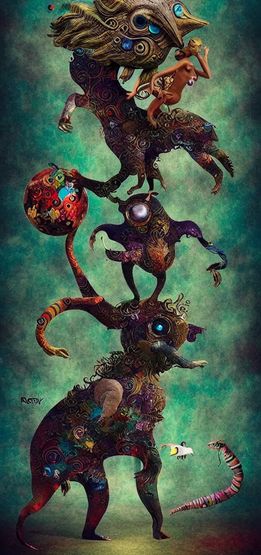 Image similar to strange mythical beasts of whimsy, surreal dark uncanny mixed media colllage by ronny khalil