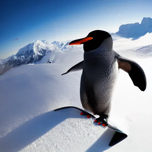 Image similar to ultrawide angle photograph of a snowboarding penguin, extremely detailed. the very detailed penguin is wearing a helmet and snowgoggles. the snowboard he is riding is red and made by burton, 8 k