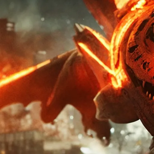 Prompt: Charizard in gears of war, splash art, movie still, detailed face, photorealistic facial features, cinematic lighting, dramatic, octane render, long lens, shallow depth of field, bokeh, anamorphic lens flare, 8k, hyper detailed, 35mm film grain