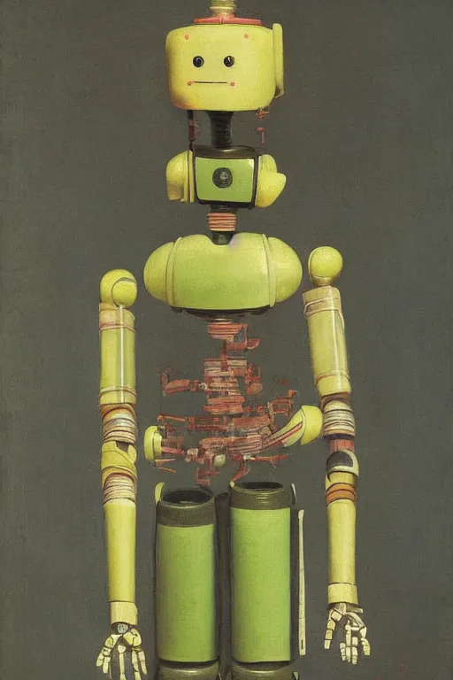 Image similar to a elegant japanese robot with fluo color detail, and muted arm colors, standing in a lush dutch master painting