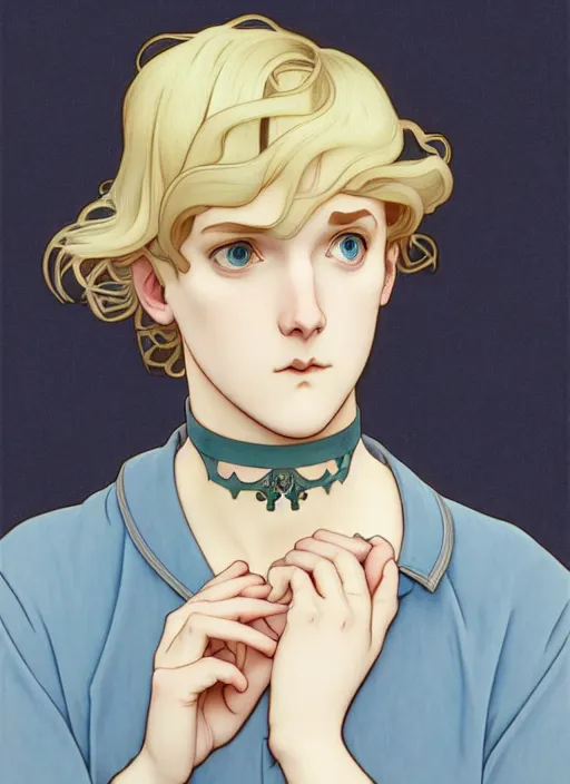 Image similar to art nouveau portrait of a pretty young man with short blond hair, light blue eyes, sad expression, scared, head down, shy and demure, wearing a choker collar, natural lighting, path traced, highly detailed, high quality, cartoon, digital painting, by don bluth and ross tran and studio ghibli and alphonse mucha