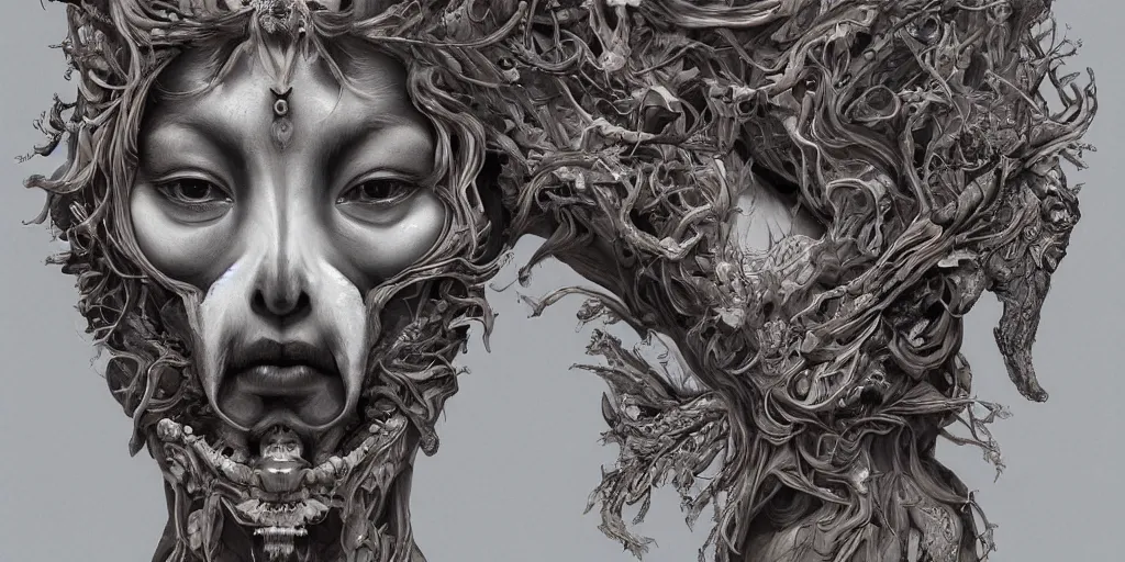 Image similar to hyperrealistic photography of a highly detailed and symmetrical gorgeous bone queen in the style of beth cavener, jin kagetsu, james jean and wlop, face symmetry, masterpiece, award - winning, sharp focus, intricate concept art, ambient lighting, 8 k, artstation