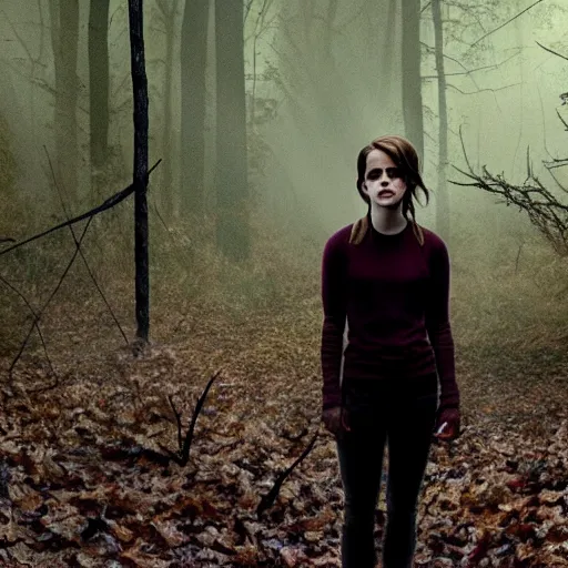 Image similar to emma watson, found footage, in woods, front light, blair witch