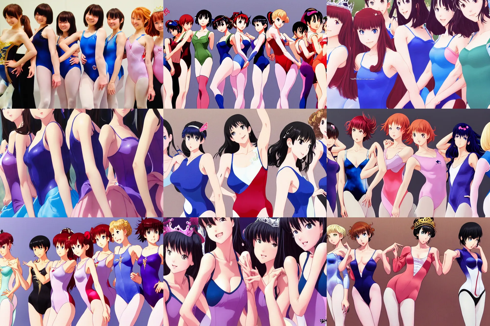 Prompt: close - up princesses posing together in leotards in hall. by takashi takeuchi, yoshiyuki sadamoto, amagaitaro, makoto shinkai, krenz cushart, asao urata, pixiv