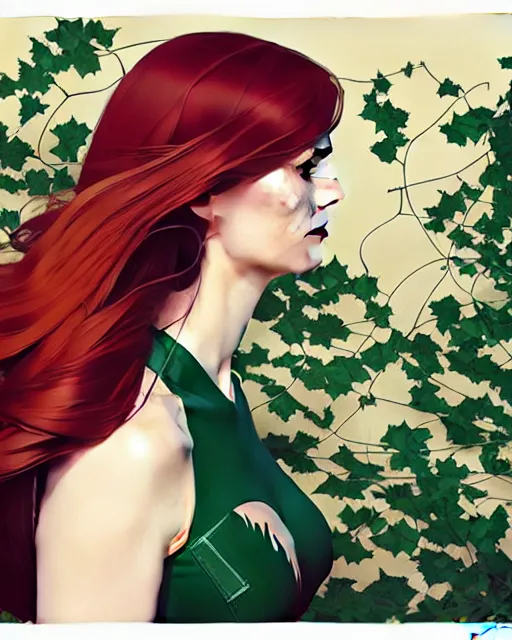 Image similar to joshua middleton, phil noto, norman rockwell, artgerm, emma stone poison ivy dc comics, vines, symmetrical eyes, city rooftop