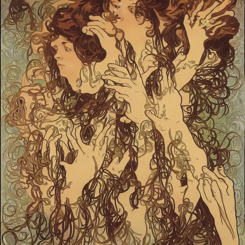 Prompt: too many hands, gnarled, so many hands, fingers, weird amount of hands, by alphonse mucha