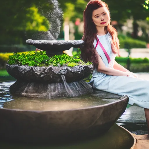 Image similar to a portrait of a young maid sitting on a edge of a fountain in park, 8k, cinematic, photo taken with Sony a7R camera