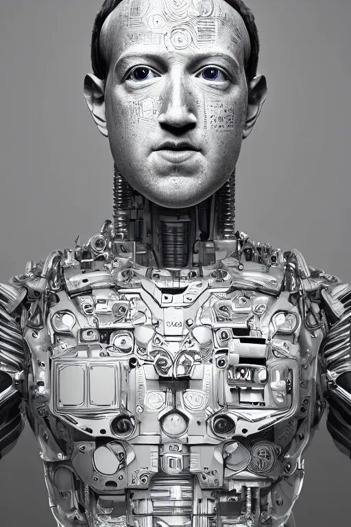 Prompt: mark zuckerberg as a robot, photorealistic, cinematic lighting, highly detailed, very intricate, by hr geiger