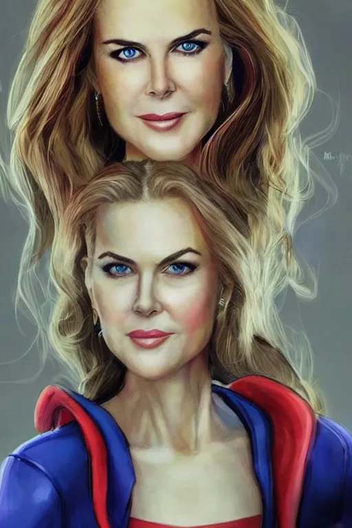 Prompt: portrait of a mix of beautiful young nicole kidman, maria shriver, mariel hemmingway, brooke shields and elle macpherson as supergirl, thin lips, hair tied up in a pony tail, colorful artstation, cgsociety