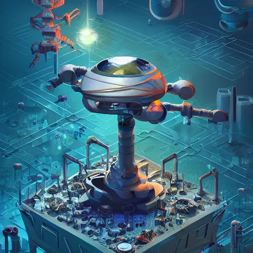 Image similar to isometric scientifically accurate microscopic robotic virus attacking organic biological cell by tyler edlin and petros afshar and christopher balaskas and marius borgeaud and kilian eng, atomic age maximalist, art nouveau, global illumination, 3 d concept render, well proportioned, highly detailed