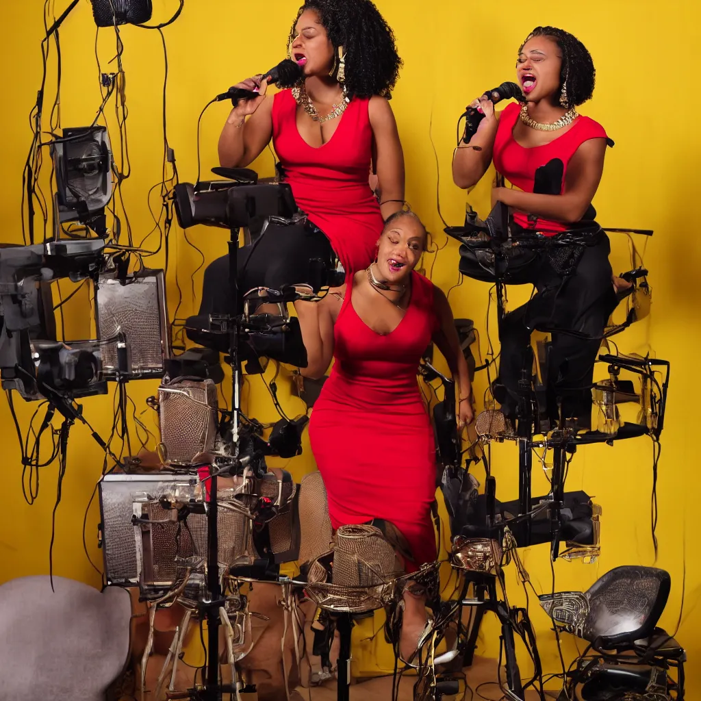 Image similar to a light-skinned black woman wearing cornrows sings into a microphone in a studio. She is wearing a red dress, sitting on a stool, and 4 or 5 yellow lamps are hanging around her. In the style of Bijou Karman