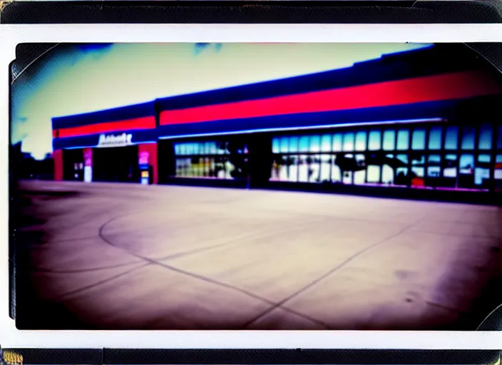 Image similar to polaroid photograph of an empty blockbuster store parking lot, liminal space, familiar place, mannequins, black mold, amateur, unreal engine, photorealistic, trending on artstation