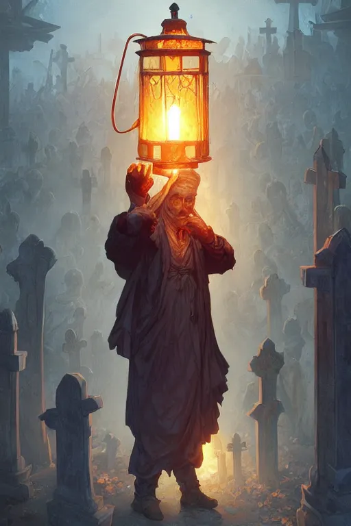 Image similar to cleric holding a lantern in a cemetery surrounded by zombies, highly detailed, digital painting, artstation, concept art, smooth, sharp focus, illustration, art by artgerm and greg rutkowski and alphonse mucha and andrei riabovitchev