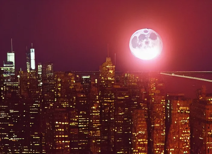 Prompt: film still of the moon shattering into pieces over manhatten in the new disaster movie, 8 k, night time