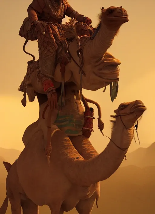 Prompt: portrait of a goblin as an arab riding a camel, trending in artstation, cinematic lighting, studio quality, smooth render, unreal engine 5 rendered, octane rendered, art style by klimt and nixeu and ian sprigger and wlop and krenz cushart.