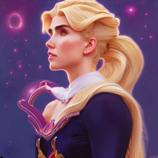 Prompt: Jennifer Connelly with blonde hair as Sailor Moon, western, D&D, fantasy, intricate, elegant, highly detailed, digital painting, artstation, concept art, matte, sharp focus, illustration, art by Artgerm and Greg Rutkowski and Alphonse Mucha