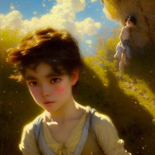 Image similar to a gaston bussiere's film still portrait of child hiker finding a city inside a cava, finely detailed features, closeup at the faces, sun, water, perfect art, gapmoe yandere grimdark, trending on pixiv fanbox, painted by greg rutkowski makoto shinkai takashi takeuchi studio ghibli, gaston bussiere