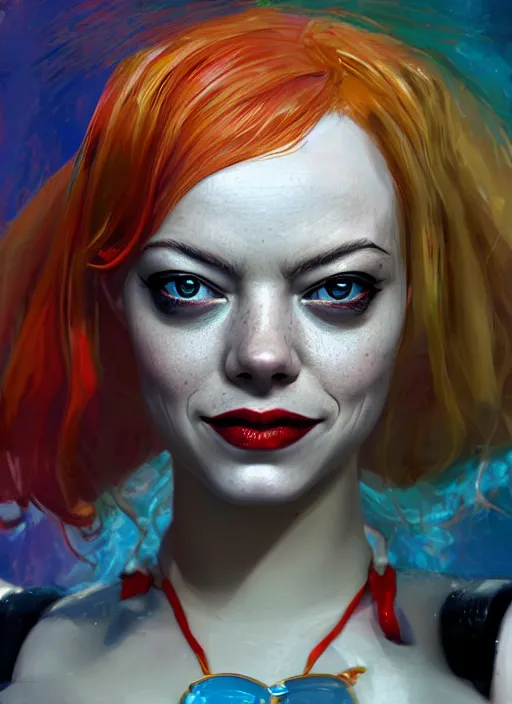 Image similar to underwater portrait of emma stone as harley quinn, hyper detailed, digital art, trending in artstation, cinematic lighting, studio quality, smooth render, unreal engine 5 rendered, octane rendered, art style by klimt and nixeu and ian sprigger and wlop and krenz cushart.