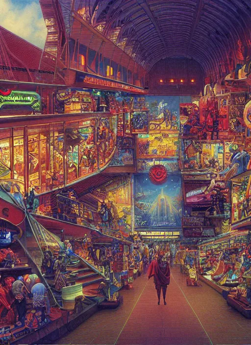 Prompt: vast shopping mall vintage shapes, retro technology, happy colors dariusz zawadzki, tim hildebrandt, wayne barlow, bruce pennington, larry elmore, oil on canvas, deep depth field, masterpiece, cinematic composition, hyperdetailed