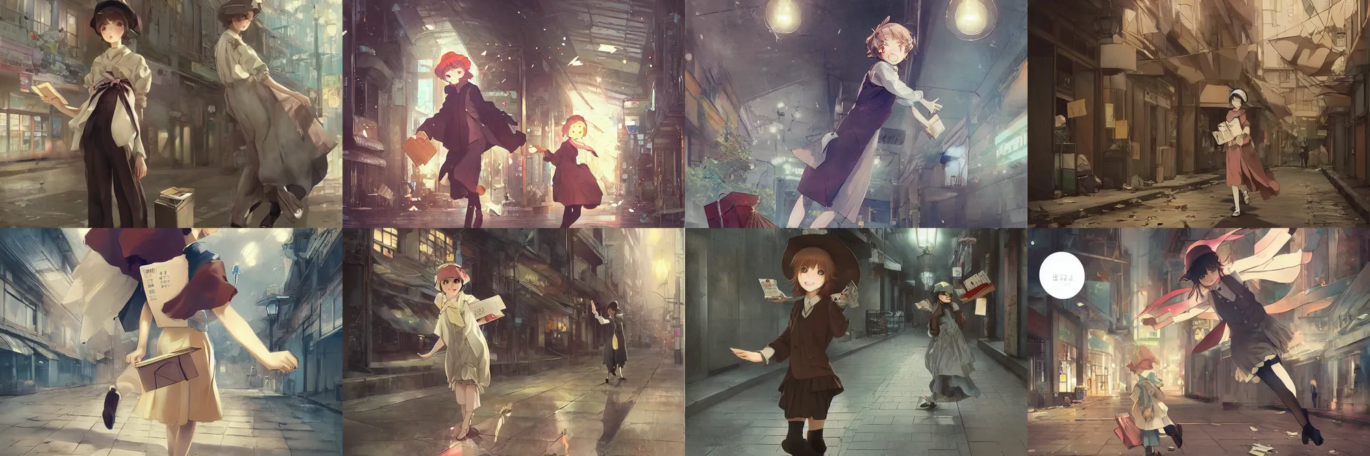 Prompt: Digital anime art by WLOP and Mobius, A messenger girl in 1920s clothes delivers mail, running and waving arms, indoor mall, poverty stricken, paper everywhere, garbage everywhere, highly detailed, intriguing lighting