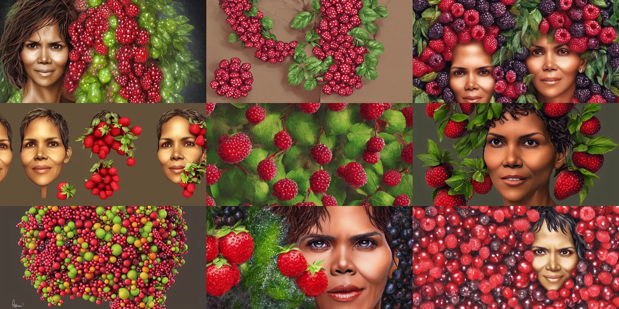 Image similar to ultra detailed two halle berry shaped exactly like berries on a tree duplicate rendered by octane digital painting inspired by arcimboldo