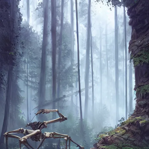 Prompt: a painting of a large skeleton!!! in a forest, a detailed matte painting by marc simonetti, behance contest winner, fantasy art, matte painting, concept art, matte drawing. masterpiece