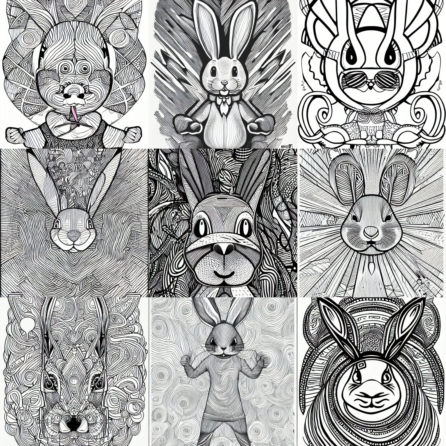 Prompt: line art crazy rabbit vector illustration, bold lines, svg, mcbess, behance, devianart, artstation, dribble, creary, ello, cgsociety, drawcrowd, pixiv, concept art world, our art corner, newgrounds, doodle addicts, penup