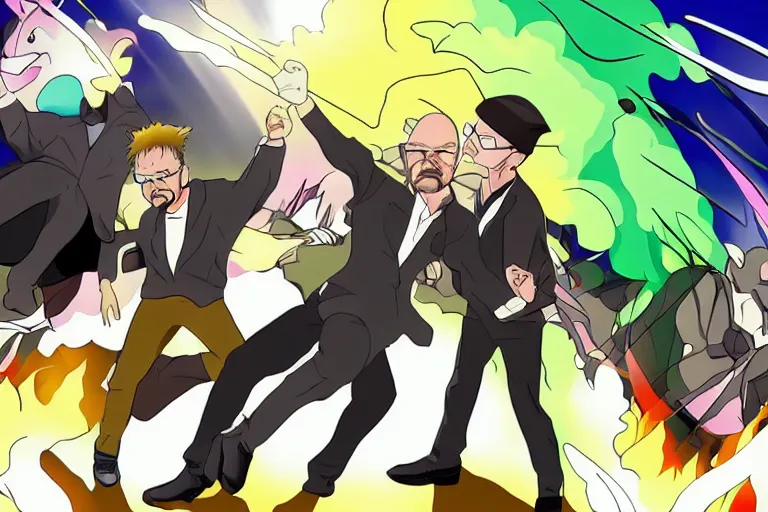 Image similar to Walter White fighting Jesse Pinkman in an anime