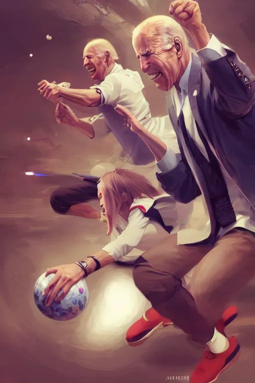 Prompt: joe biden bowling meme, full face, anime, fantastic details, pixiv, hyperdetailed unreal engine, stanley artgerm lau, wlop, rossdraws, james jean marc, simonetti ruan jia and mandy jurgens and artgerm and sakimichan, illustration, digital art, concept art, manga cover