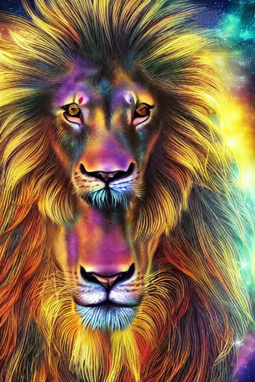 Image similar to a very high ultrarealistic hyper detailed photo of an psychedelic futuristic lion humanoid with dreadlocks in the cosmos