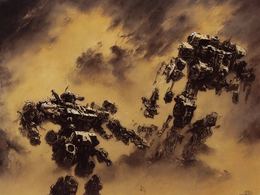 Image similar to mecha in a sandstorm by Frank Frazetta