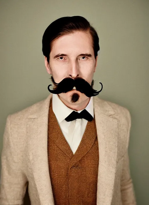 Image similar to a fashion portrait photograph of a man with a moustache art directed by Wes Anderson, 35mm, pentax, studio lighting