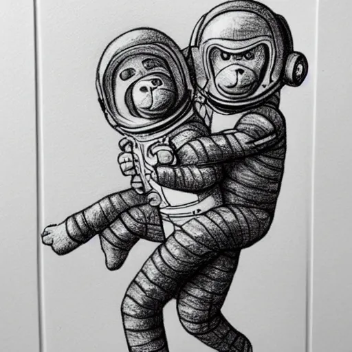 Image similar to pencil art, portait, highly detailed, epic, astronaut monkey holding hands with astronaut.