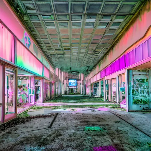 Prompt: futuristic, pastel colors, hd 8 k photography, abandoned, overgrown, candy shop in a mall