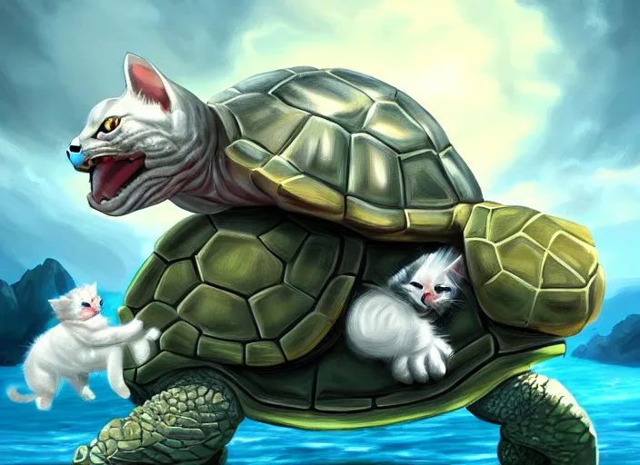 Prompt: white kittens riding giant turtles, battalion, digital oil painting, trending on artstation