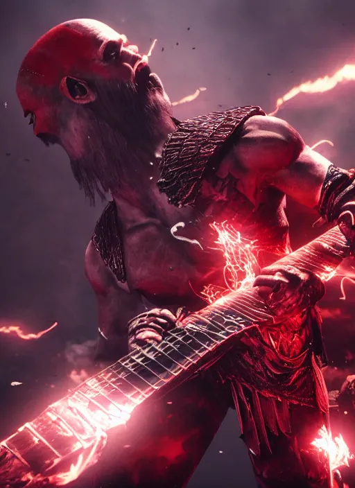 prompthunt: kratos shredding on a flaming stratocaster guitar