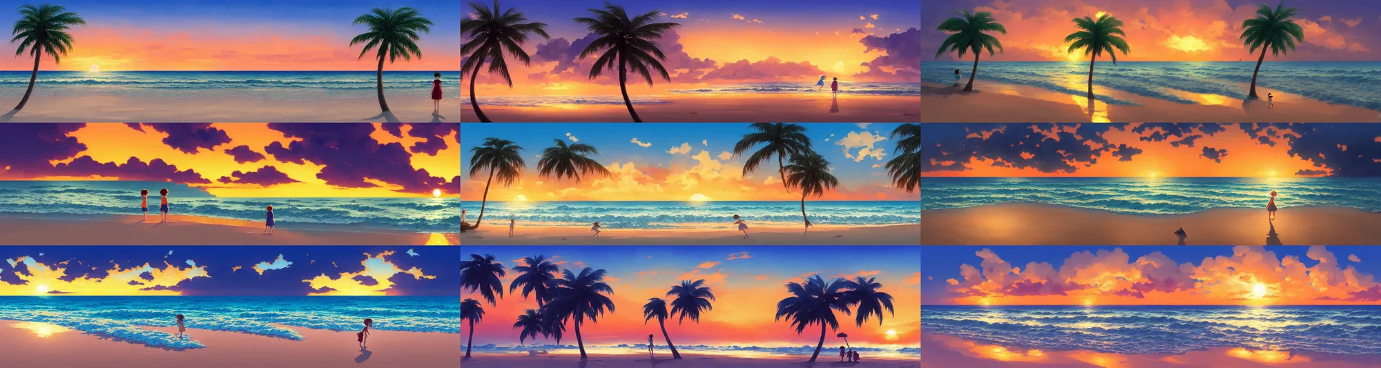 Prompt: a wholesome animation key shot of a cute empty florida beach sunset, studio ghibli, pixar and disney animation, sharp, rendered in gouache painting, anime gouache key art by greg rutkowski, bloom, dramatic, dynamic lighting