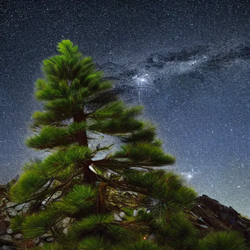 Prompt: a photograph of a pine tree on top of a rocky mountain, star shining in space, highly detailed, sharp focus, cinematic, hyperrealism, photorealistic