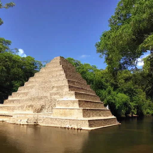 Prompt: maya pyramid next to a river near a camp