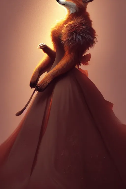 Image similar to portrait of an anthropomorphic fox in a victorian - era ballgown, dramatic lighting, highly detailed, digital painting, artstation, concept art, smooth, sharp focus, illustration, art by wlop, mars ravelo and greg rutkowski