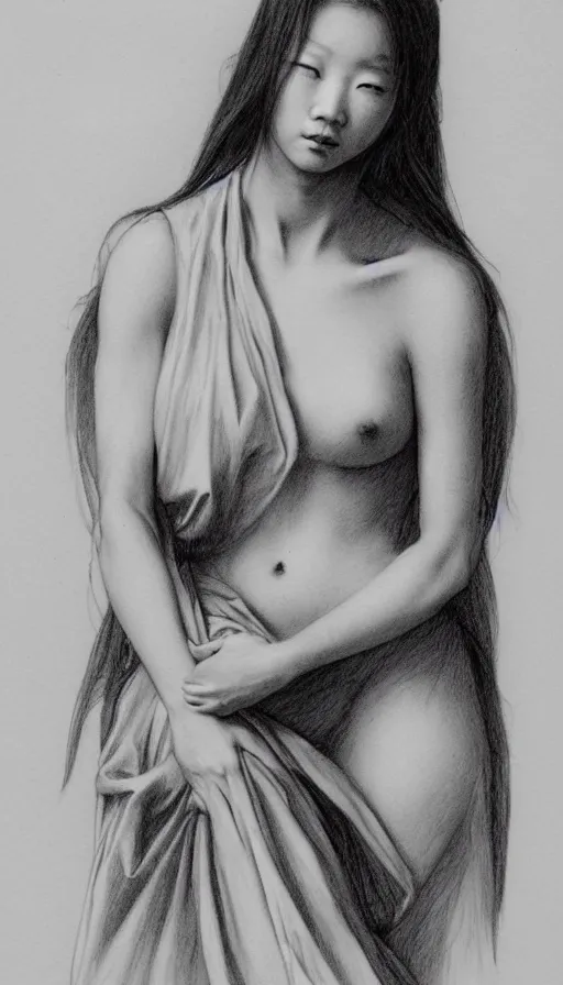 Image similar to model yoon young as the high priestess, by roberto ferri, black and white graphite drawing, smooth render, 3 / 4 view