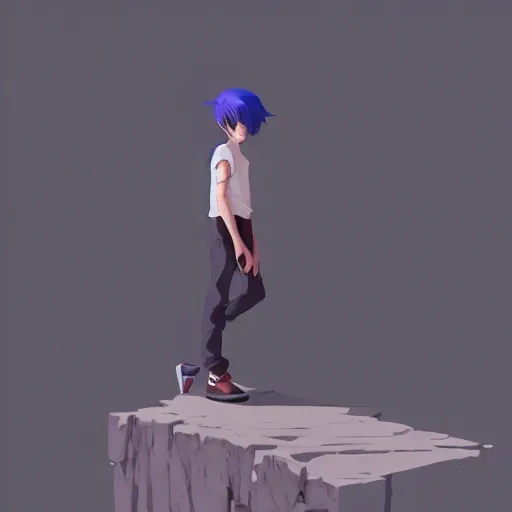 Prompt: teen boy, blue hair, standing on a ledge, highly detailed, artstation, by makoto shinkai and thomas kindle and James gilleard