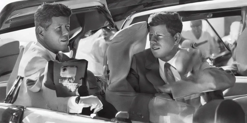 Prompt: Adam Sandler as John F. Kennedy in 'JFK: The Untold Story' (2023), movie still frame
