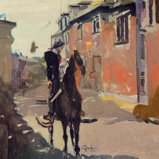 Image similar to painting of a man on a horse in a Dublin alleyway, painted by George Bellows, 1905